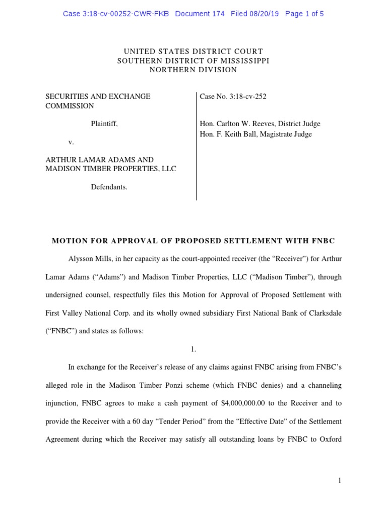 SEC 174 Settlement Order PDF Receivership Settlement (Litigation)