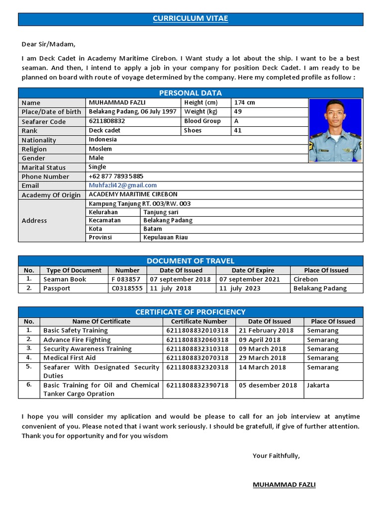 Cv Muhammad Fazli Deck Cadet Training Pdf Sailor Water Transport