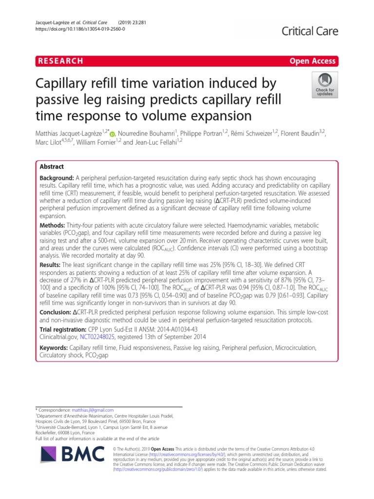 Capillary Refill Time Variation Induced by Passive Leg Raising Predicts Capillary Refill Time