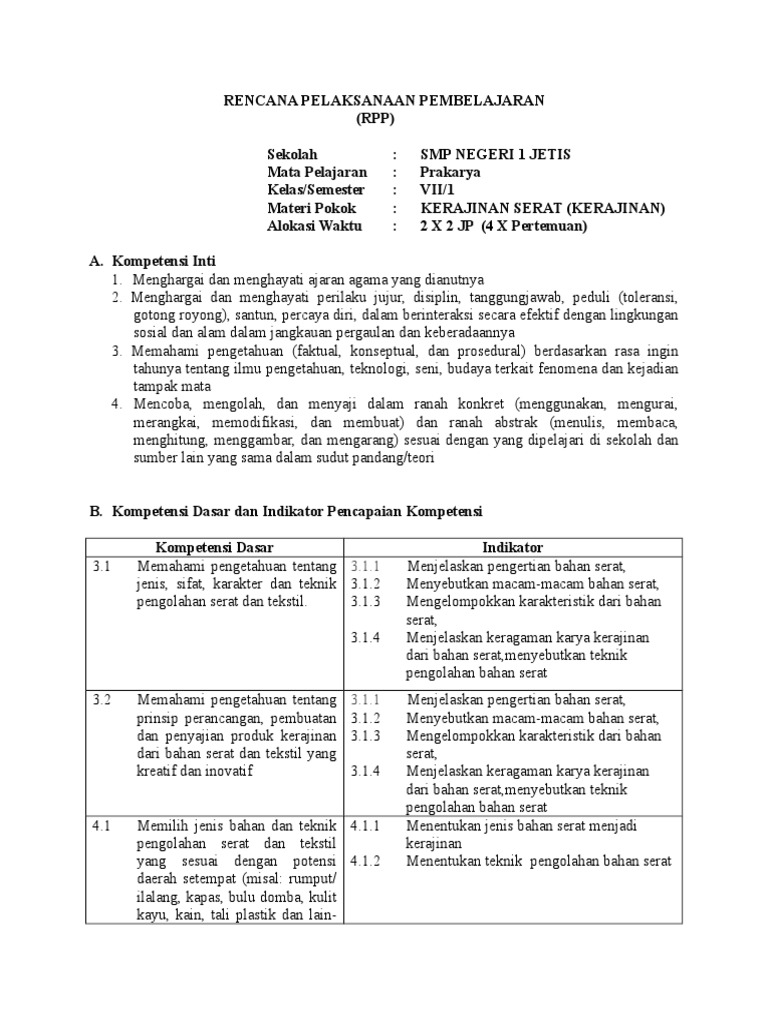 Rpp Prakarya Kelas Vii Semseter 1 Kerajinan