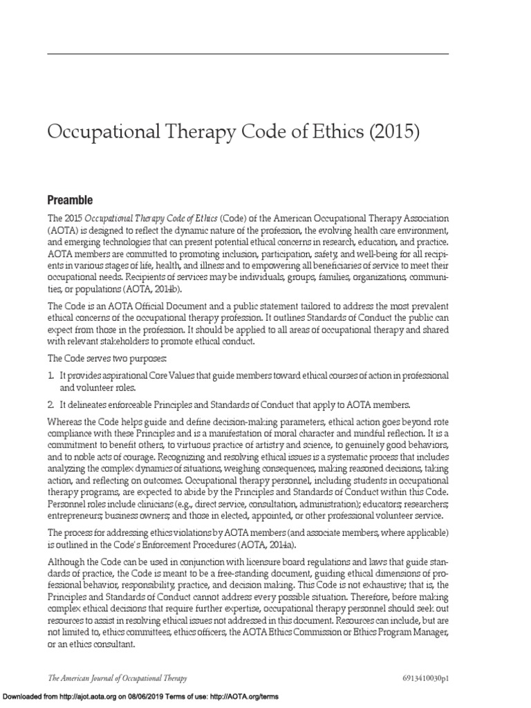 Occupational Therapy Code of Ethics (2015) PDF Occupational Therapy