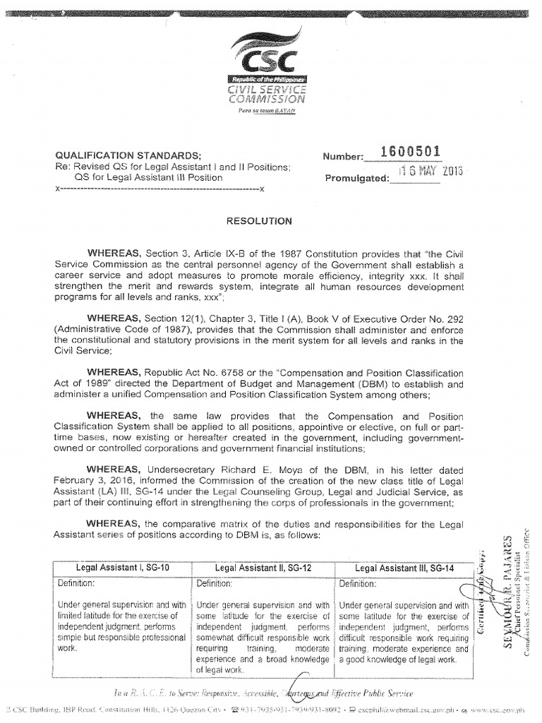 Revised QS For Legal Assistant I and II Positions QS For Legal