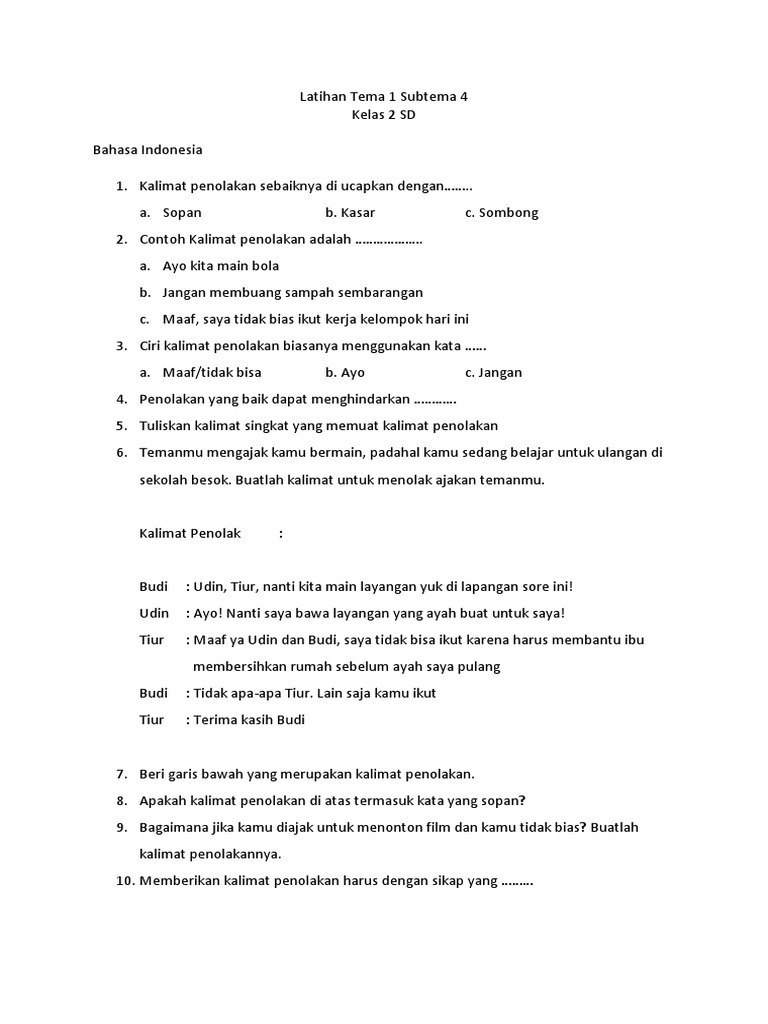 Latihan Kelas 2 Tema 1 Subtema 4