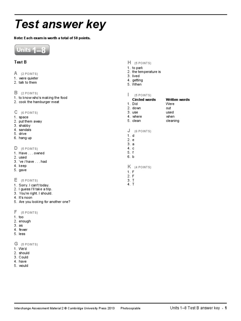 Interchange Test KEY Educational Assessment And Evaluation Tests