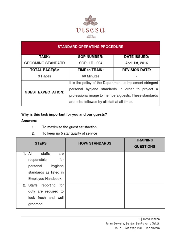 Sop - LR - 004 - Grooming Standard | Download Free PDF | Hygiene | Business