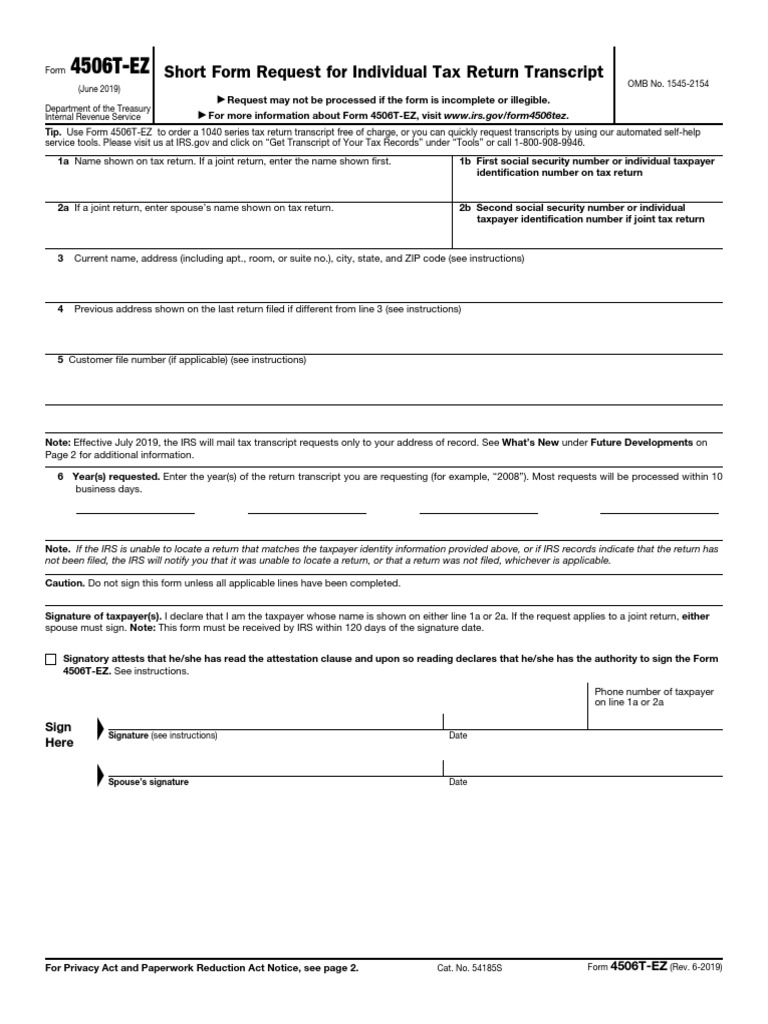 Short Form Request For Individual Tax Return Transcript PDF