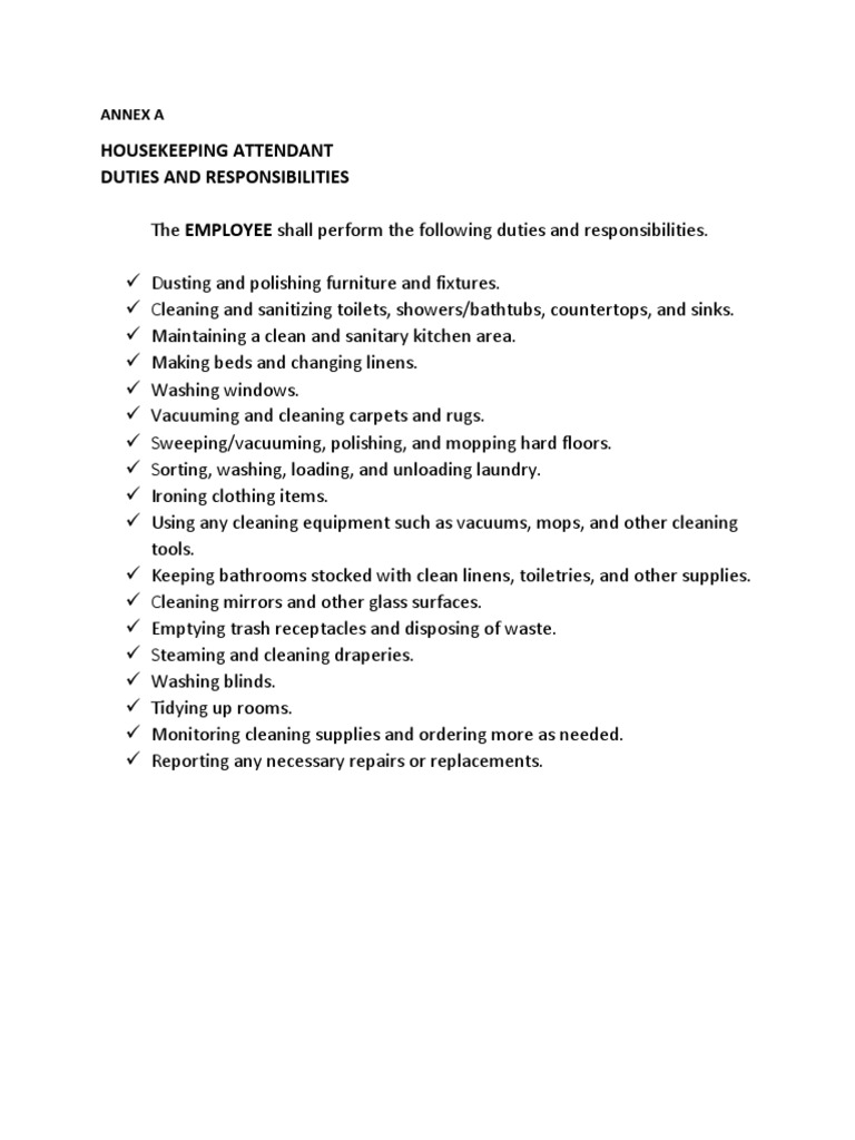 Annex A Housekeeping Attendant Duties & Responsibilities PDF