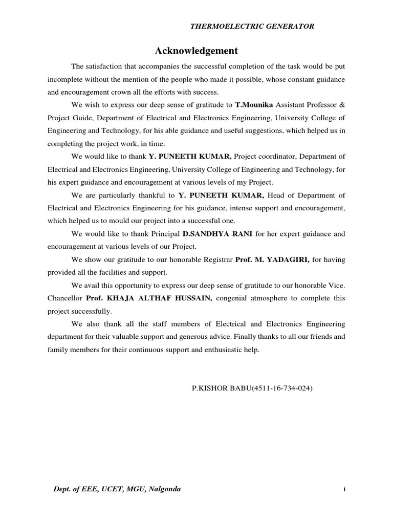 Acknowledgement: Thermoelectric Generator | PDF | Academia | Electricity