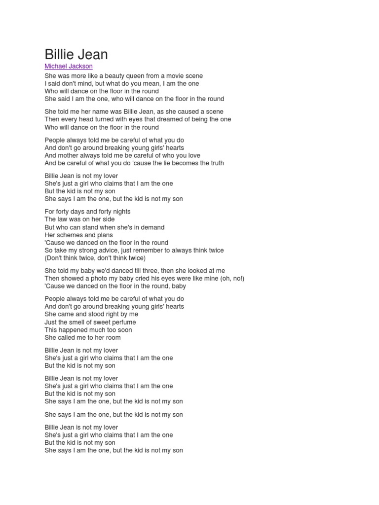 Lyrics Billie Jean PDF