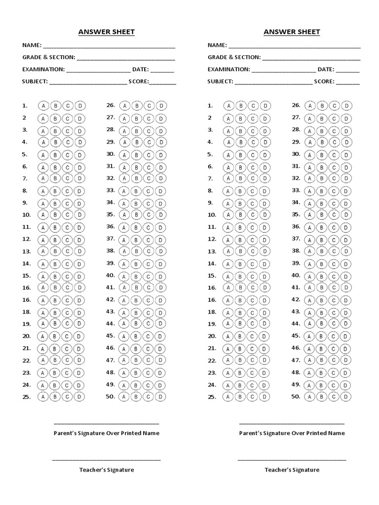 Answer Sheet Exam | PDF | Standardized Tests | Evaluation Methods