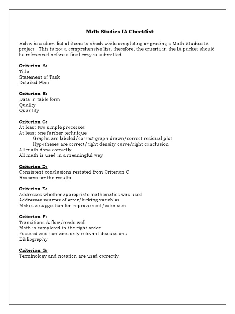 Math Studies IA Checklist Guide | PDF