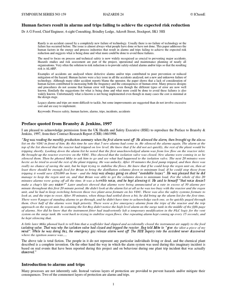 Case Study Human Factors - Alarm Failure - Risk Reduction | PDF | Risk ...