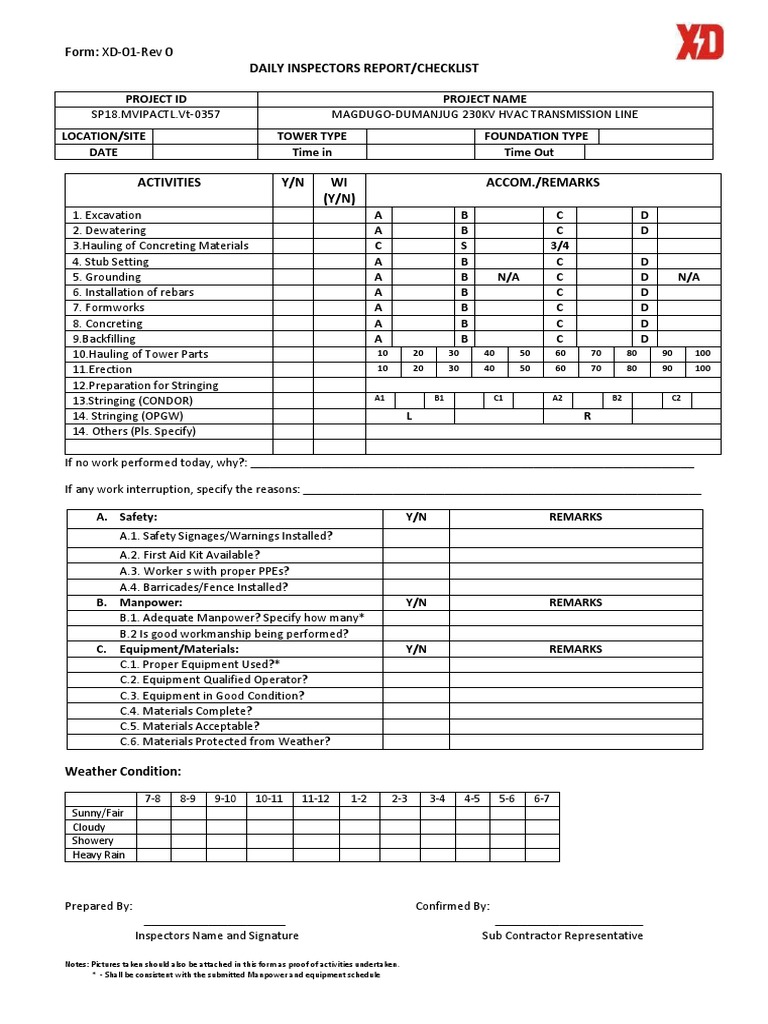 Daily Inspectors Report/Checklist: Form: XD-01-Rev 0 | PDF | Nature