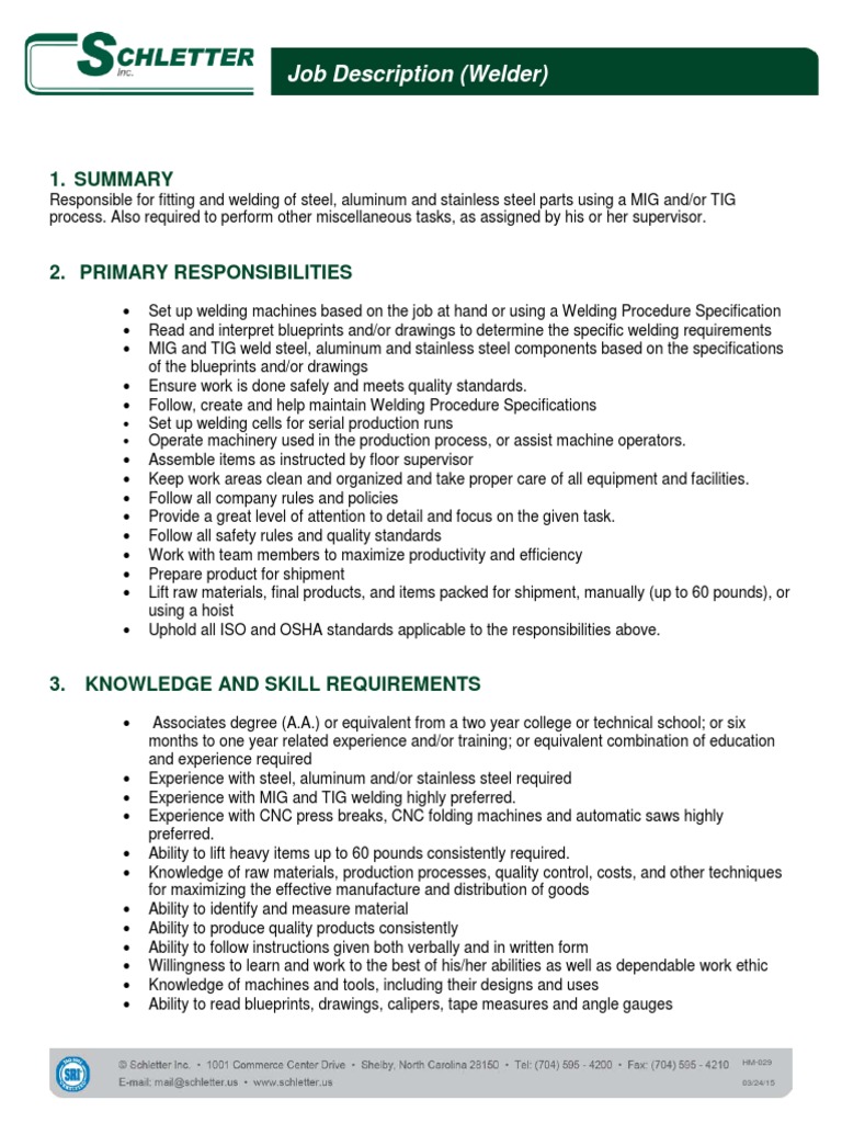 Welder job description Welding Economic Sectors