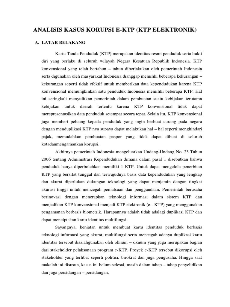 Analisis Kasus Korupsi E Ktp Ktp Elektronik A Latar Belakang