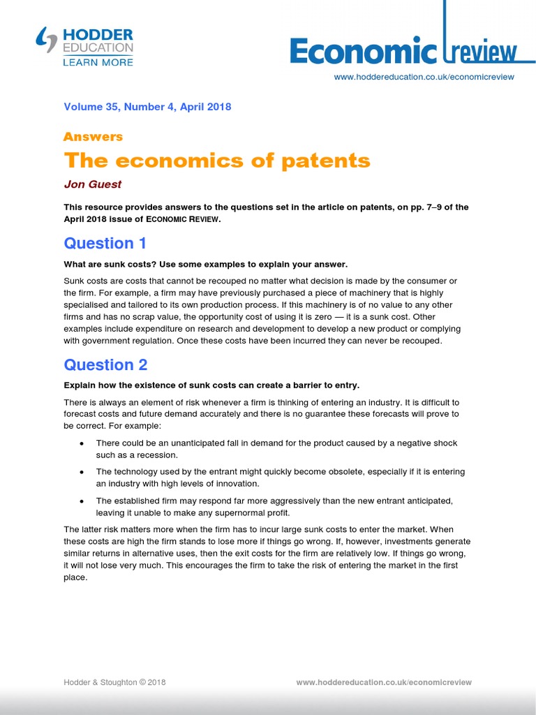 The Economics of Patents: Answers | PDF | Profit (Economics) | Cost