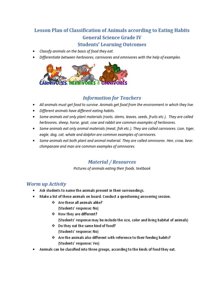 Lesson Plan of Classification of Animals According to Eating Habits