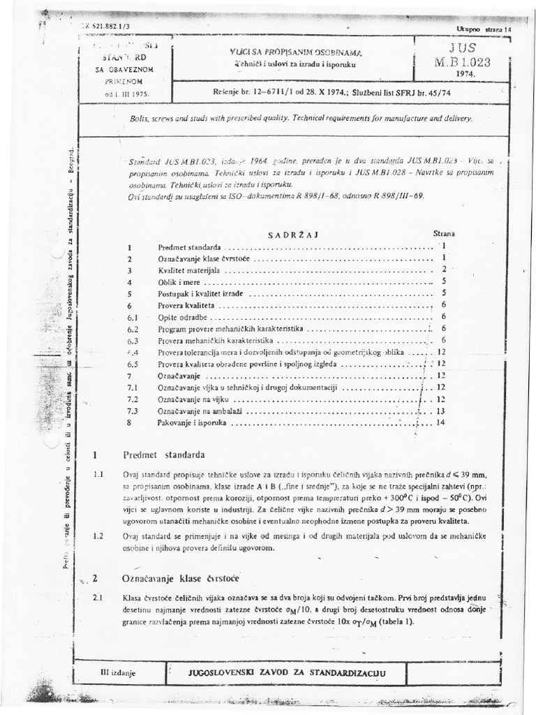JUS-M-B1-023 Zavrtnji Sa Propisanim Osobinama, Tehnicki Uslovi | PDF
