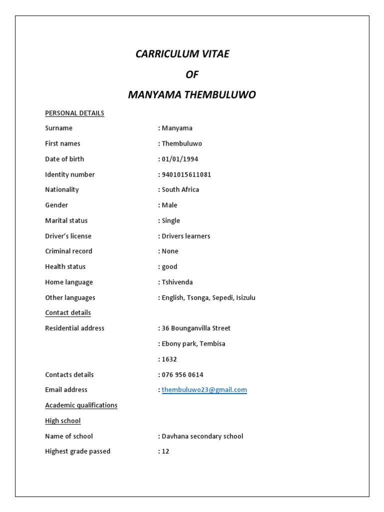 CV of Manyama Thembuluwo | PDF