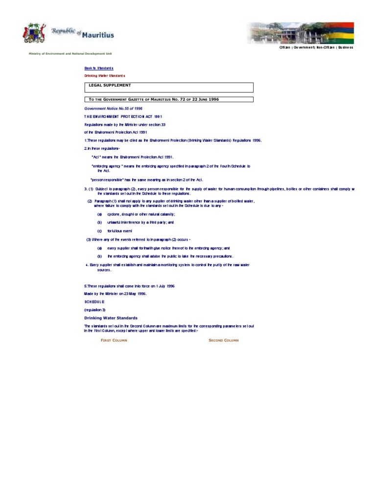 Drinking Water Standards in Mauritius PDF Drinking Water Magnesium