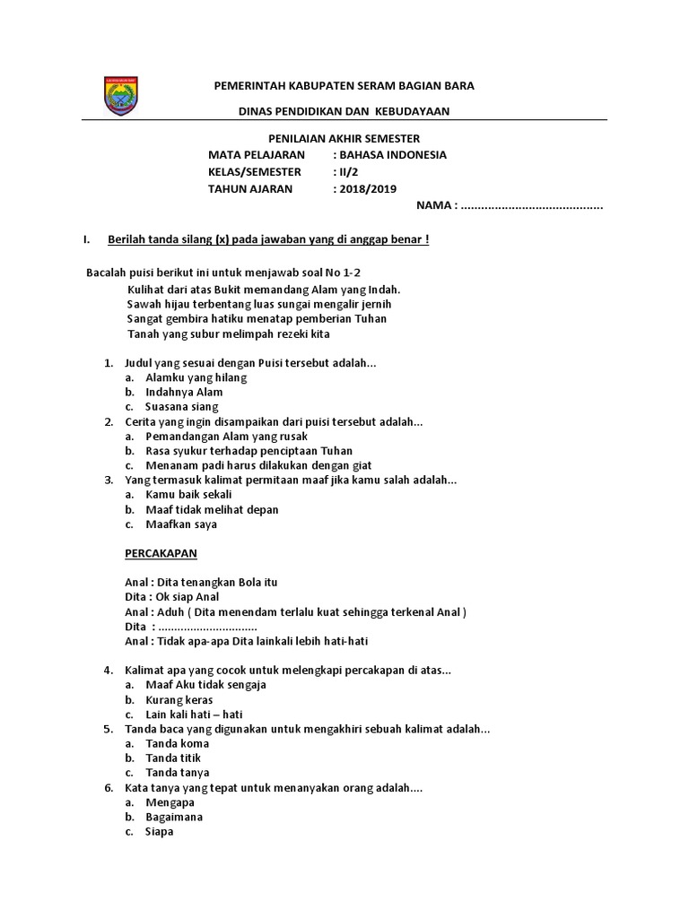Soal Bahasa Kls 2
