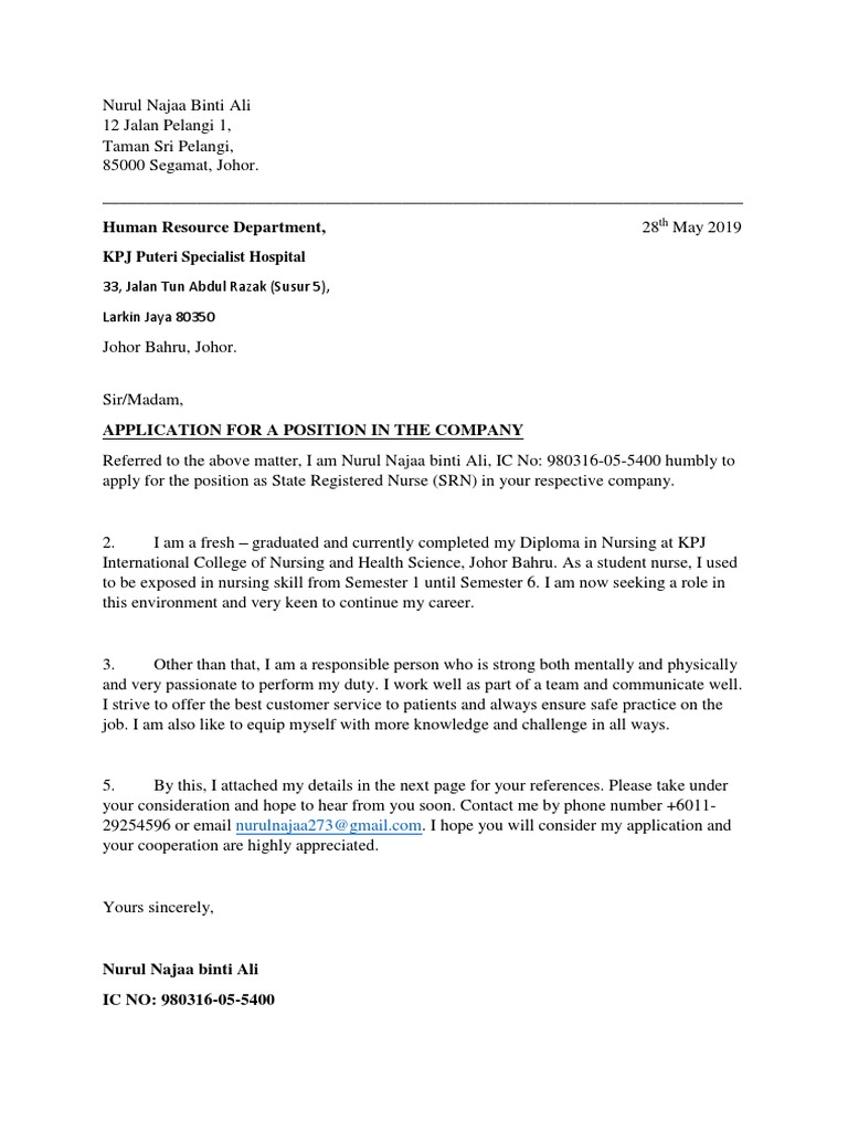 Cover Letter Contoh  PDF  Nursing  Medicine