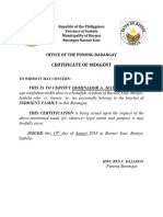 Certificate of Indigent: Office of The Punong Barangay