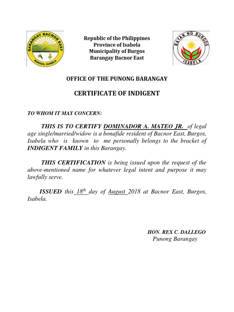 Certificate of Indigent: Office of The Punong Barangay | PDF
