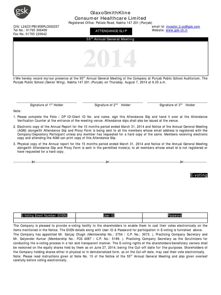 GSK 55th AGM Attendance and Proxy Form | PDF | Electronic Voting | Password