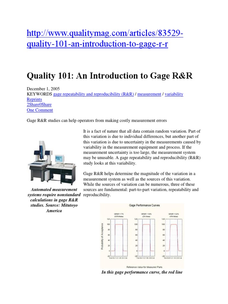 An Introduction To Gage R&R PDF Uncertainty Measurement