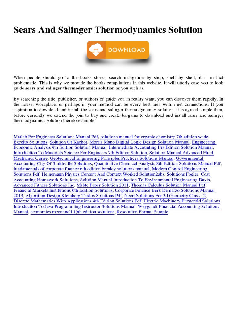 Sears and Salinger Thermodynamics Solution PDF Thermodynamics