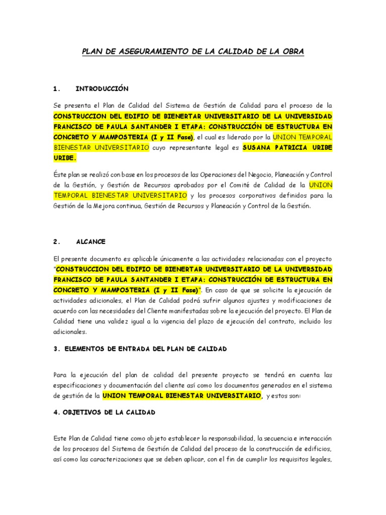 Plan de Aseguramiento de Calidad en Obra | PDF | Calidad (comercial ...