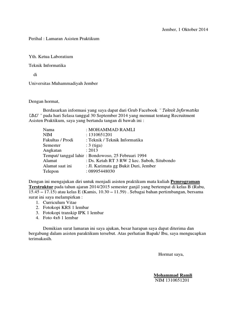 Contoh Surat Lamaran Asisten Dosen 20141