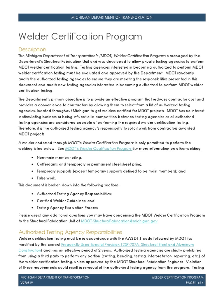 MDOT Welder Certification Program Guide | PDF | Welding | Construction