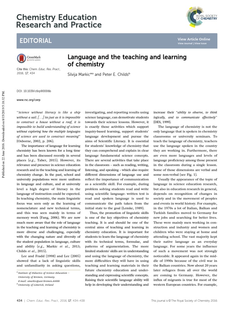 Chemistry Education Research and Practice Editorial PDF Science