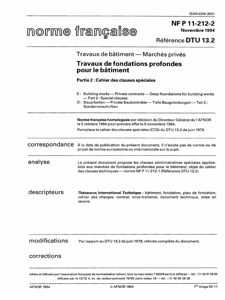 Norme Nf P 03 001 Dernière Version Pdf NF P 11-212-2 Fondation Profonde Pour Bat PDF | PDF