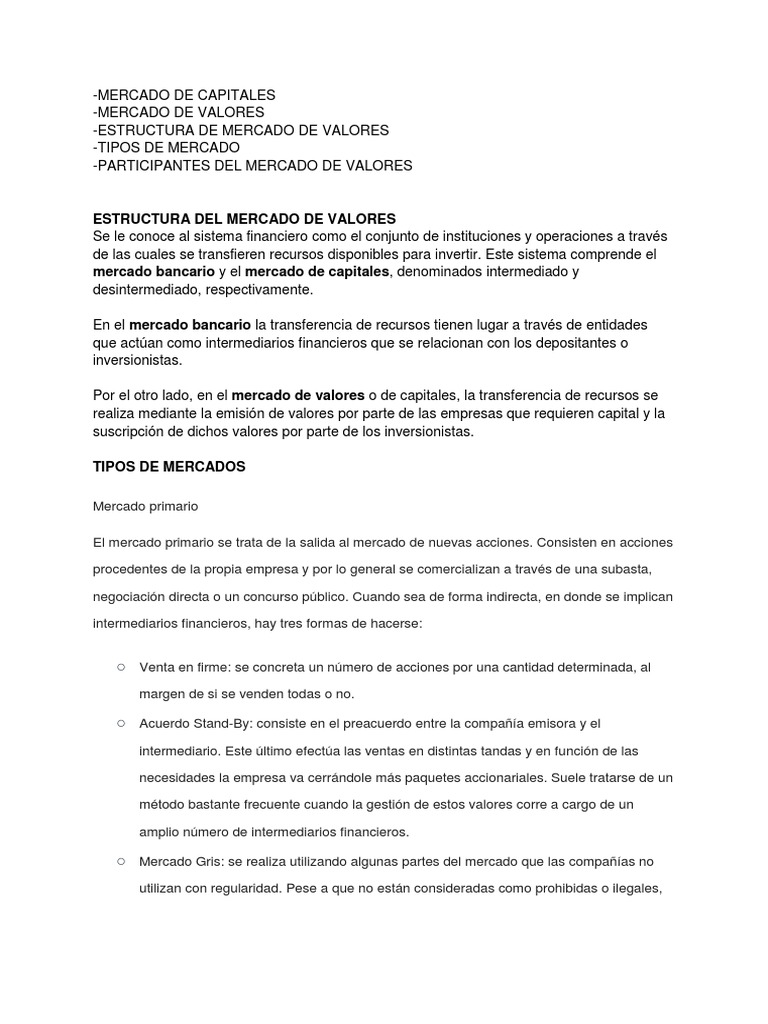 Estructura y Participantes del Mercado de Capitales | PDF | Bolsa de ...