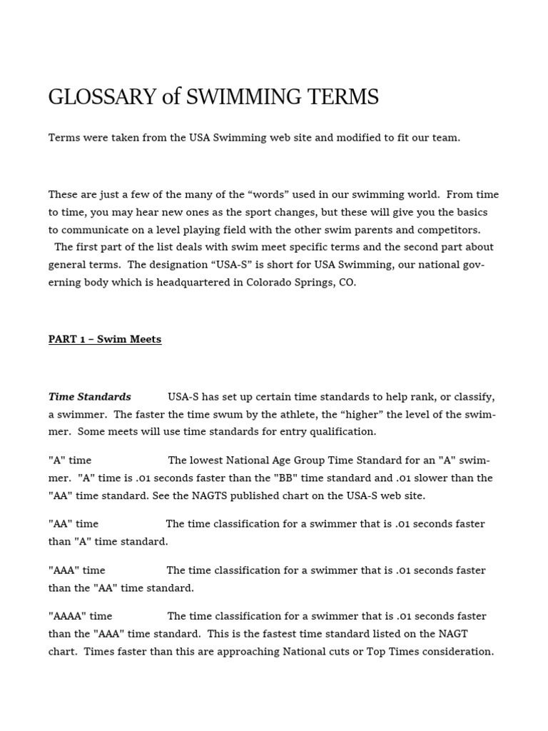 Glossary of Swimming Terms, PDF, Swimming (Sport)