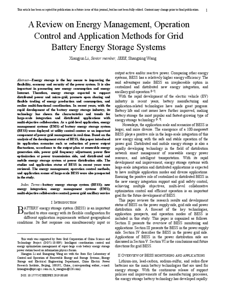 A Review On Energy Management, Operation Control and Application Methods For Grid Battery Energy