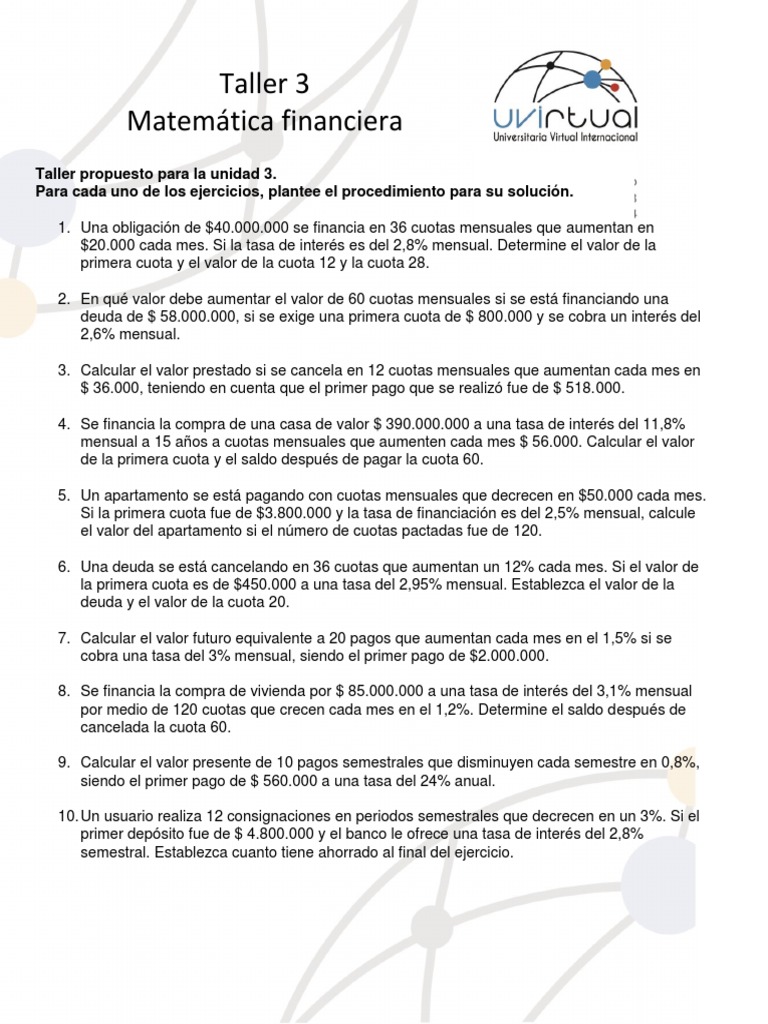 Taller de Matemática Financiera: Ejercicios | PDF | Dinero | Economias