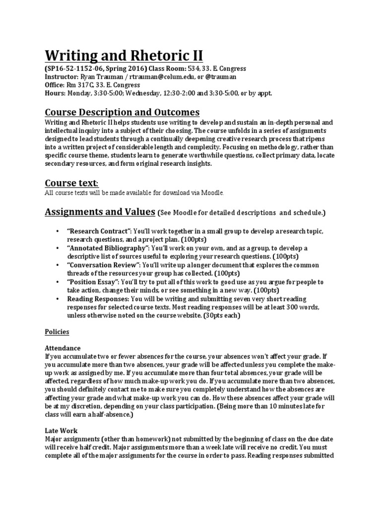 Writing and Rhetoric II Syllabus | PDF | Homework | Discrimination