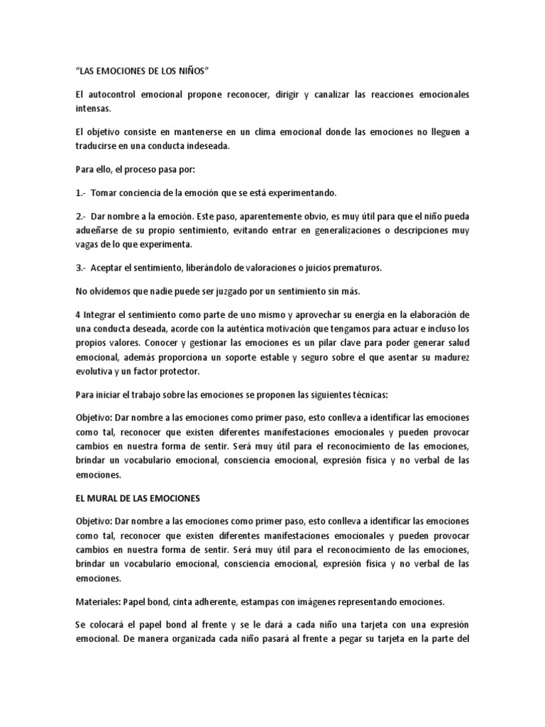 Técnicas de Autocontrol Emocional Infantil | PDF | Sensación | Las ...
