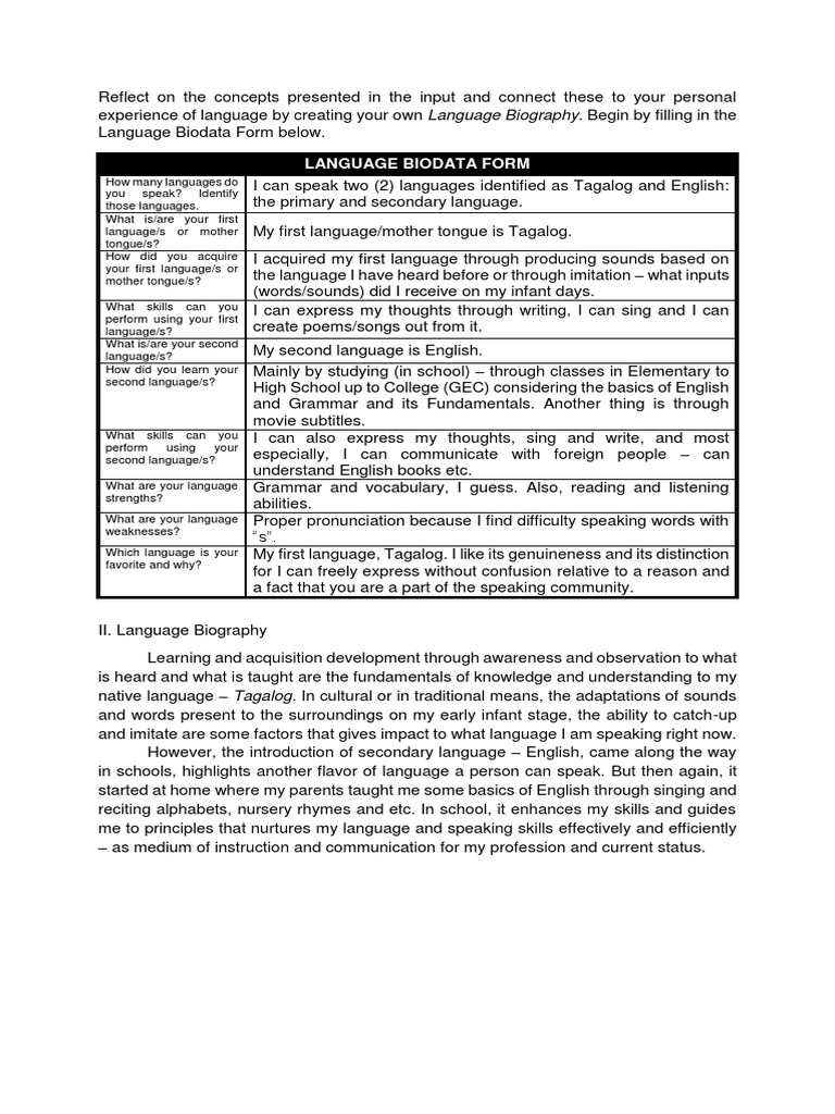Personal Language Biography Example | PDF | Second Language | English ...