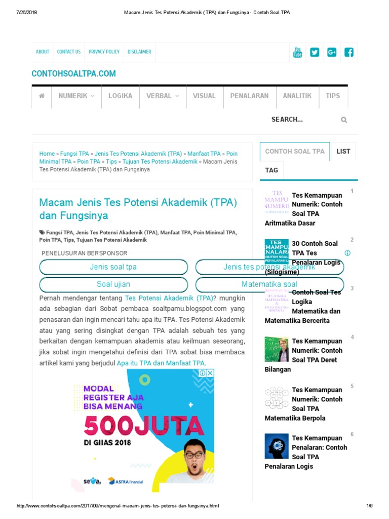 Jenis-Jenis Tes Potensi Akademik TPA | PDF