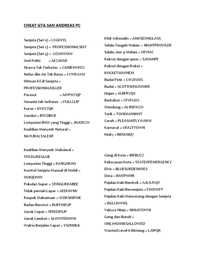 Cheat Gta San Andreas PC PDF