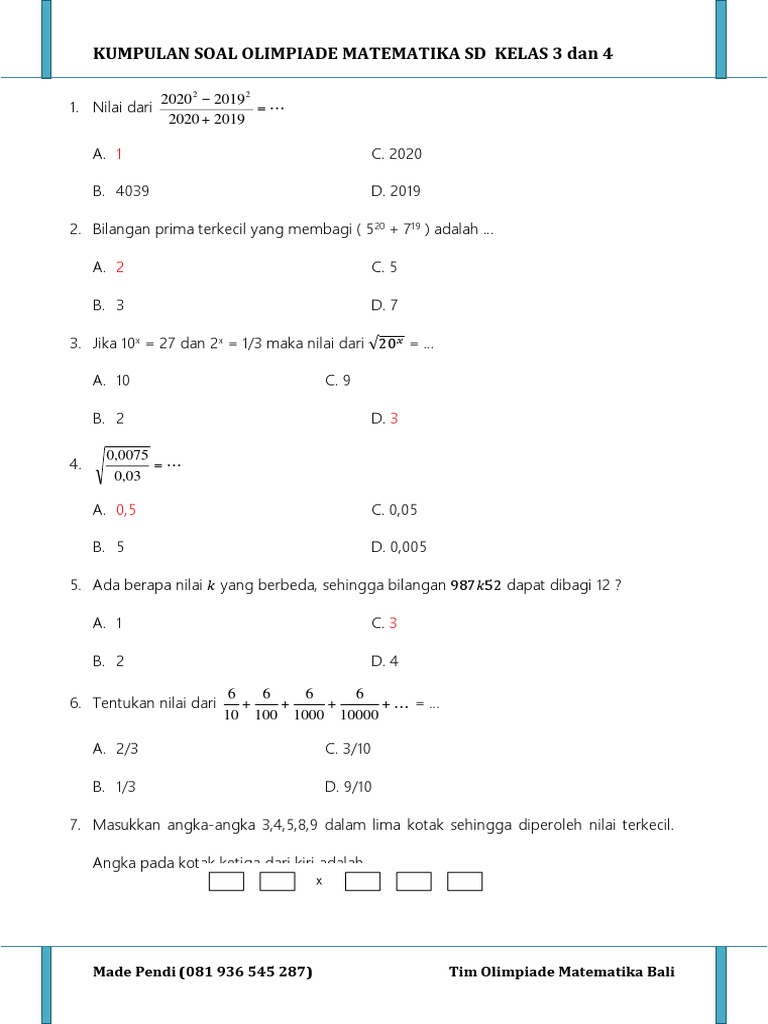 Contoh Soal Olimpiade Matematika Kelas 1 Sd