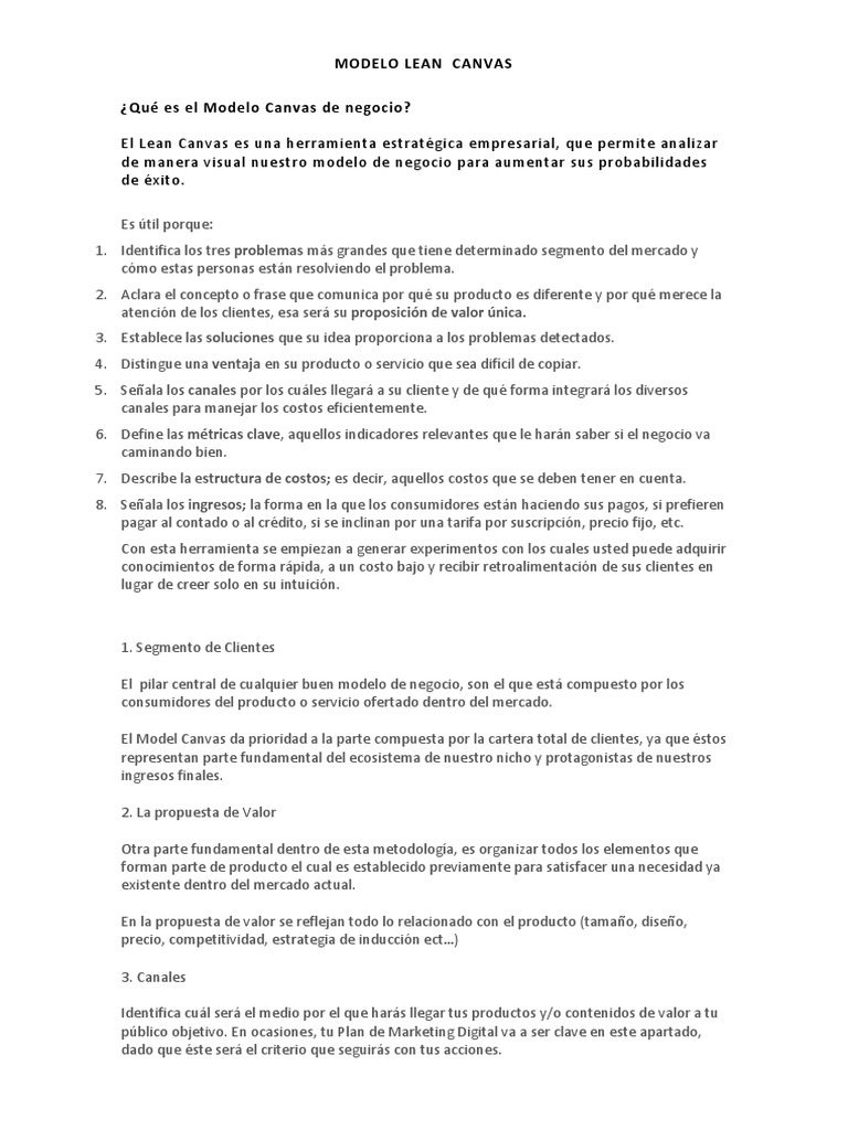 Ejemplo de Lean Canvas para Productos | PDF | Modelo de negocio ...