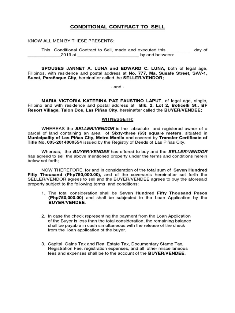 Conditional Contract to Sell Agreement | PDF | Notary Public | Law And ...