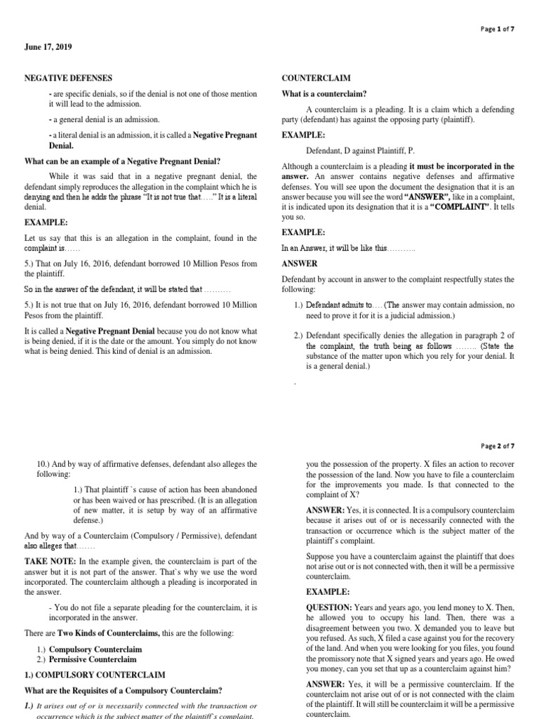 Understanding Negative Defenses & Counterclaims | PDF | Pleading ...