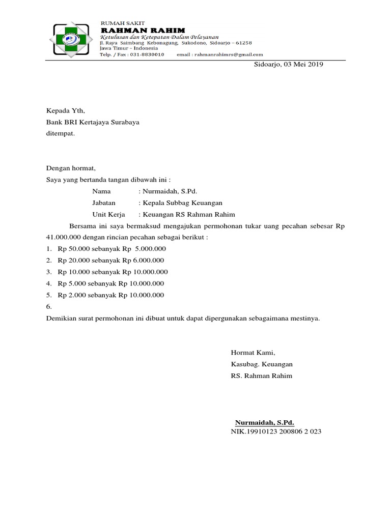 Surat Permohonan Tukar Uang